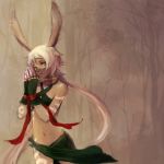  1girl animal_ears bare_shoulders bdsm bodypaint bondage bunny_ears choker dark_skin elementalist final_fantasy final_fantasy_tactics_advance jewelry kno_(anahita) long_hair midriff navel rabbit_ears ribbon ribbon_bondage skirt solo veil very_long_hair viera white_hair 