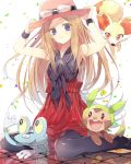  black_legwear blonde_hair blue_eyes brown_hair chespin dress fennekin froakie goggles goggles_on_head hat highres long_hair looking_at_viewer pantyhose pokemon pokemon_(creature) pokemon_(game) pokemon_xy reflection serena_(pokemon) sitting sleeveless tyuraba wariza wristband 