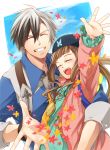  1boy 1girl arm_up beret black_hair brown_hair closed_eyes elle_mel_martha eyes_closed flower grin happy hat jacket jewelry long_hair ludger_will_kresnik multicolored_hair necktie pendant shirt smile tales_of_(series) tales_of_xillia tales_of_xillia_2 twintails two-tone_hair white_hair yogura 