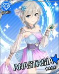  1girl anastasia_(idolmaster) bare_shoulders blue_background blue_eyes character_name collarbone corset detached_sleeves diamond drape dress flower hair_ornament idolmaster idolmaster_cinderella_girls jewelry jpeg_artifacts light_smile looking_at_viewer necklace official_art see-through short_dress short_hair silver_hair solo 