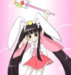  1girl \m/ animal_ears arm_up black_hair blouse bow brown_eyes bunny_ears capelet crown hair_bow hime_cut houraisan_kaguya long_hair long_sleeves looking_at_viewer magical_girl payot pink_background rabbit_ears shinshiusa simple_background skirt sparkle thigh-highs thighhighs touhou twintails very_long_hair wand white_legwear 