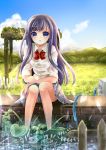  1girl blue_eyes blue_hair blush cloud clouds copyright_request crossed_arms highres hose long_hair open_mouth plant puracotte short_hair sitting skirt sky solo splashing wading water wet 