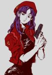 1girl beret celandine earrings gun handgun hat jacket jewelry katsuragi_misato neon_genesis_evangelion purple_hair sleeves_rolled_up solo weapon 