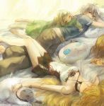  1boy 3girls black_hair blonde_hair cat closed_eyes dress elle_mel_martha eyes_closed leia_roland long_hair ludger_will_kresnik lulu_(tales_of_xillia_2) maruishi milla_maxwell multicolored_hair multiple_girls short_hair sleeping tales_of_(series) tales_of_xillia tales_of_xillia_2 two-tone_hair white_hair 