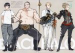  4boys absurdres belt boots concept_art crease doujinshi formal full_body gauntlets glasses grey_background highres katana male multiple_boys necktie ooyari_ashito original pants rapier scan simple_background sketch standing suit sword weapon 