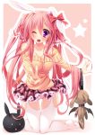  1girl ;d animal_ears bare_shoulders breasts bunny_ears highres long_hair no_bra open_mouth original pink_hair plaid plaid_skirt purple_eyes rabbit_ears skirt smile solo star stuffed_toy sweater twintails v violet_eyes wink yayoi_and_nagi 