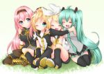  aqua_eyes blonde_hair blue_eyes boots cheek_poke closed_eyes colored cross-laced_footwear green_eyes green_hair hair_ribbon hatsune_miku highres hug inaresi kagamine_len kagamine_rin lace-up_boots megurine_luka necktie open_mouth pink_hair poking ribbon shunkashuutou sitting skirt smile thigh-highs thigh_boots thighhighs twintails vocaloid wink 