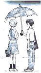  1boy 1girl ayanami_rei bag ikari_shinji neon_genesis_evangelion school_uniform sketch skirt smile umbrella wpomh 