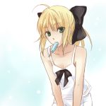 1girl ahoge barefoot bow breasts cleavage down_blouse fate/unlimited_codes fate_(series) green_eyes hair_bow long_hair lowres mouth_hold ponytail popsicle rynn_(seibu) saber saber_lily solo tank_top 