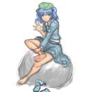  1girl barefoot blue_eyes blue_hair blush boots cap hair_bobbles hair_ornament hat highres kawashiro_nitori kuro_suto_sukii open_mouth rock shoes_removed short_hair sitting skirt sleeves_pushed_up smile solo touhou twintails 