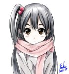  1girl black_hair brown_eyes dated hair_bobbles hair_ornament kem_kem kitashirakawa_anko long_hair looking_at_viewer one_side_up scarf side_ponytail signature simple_background sketch smile solo tamako_market white_background 