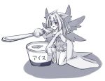  1girl choco_la_tea copyright_request eating minigirl monochrome open_mouth simple_background solo white_background wings 