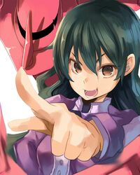  1girl artist_request brown_eyes green_hair hyuuga_mahiru jonasan kamisama_dolls long_hair open_mouth pointing smile solo 