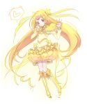  1girl blonde_hair boots bow brooch bubble_skirt choker circlet cure_muse_(yellow) dress earrings frills hair_ribbon hand_on_own_cheek jewelry long_hair looking_at_viewer magical_girl precure purple_eyes ribbon shirabe_ako smile solo suite_precure ume_(plumblossom) very_long_hair violet_eyes waving yellow_dress 
