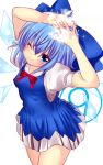  &#9320; 1girl ;) ? blue_dress blue_eyes blue_hair bow cirno dress haruta_(806060) ice ice_wings ribbon short_hair solo touhou wings wink 