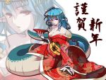  1girl blue_hair breasts choco_la_tea cleavage copyright_request eiyuu_chronicle japanese_clothes kimono lamia long_hair pointy_ears purple_eyes solo violet_eyes zoom_layer 