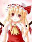  1girl alternate_hair_length alternate_hairstyle ascot blonde_hair bust cheek_poke dotera-otoko flandre_scarlet hat long_hair poking red_eyes smile solo touhou wings 