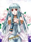  1girl bare_shoulders blue_hair breasts choker dress fire_emblem flower hair_ornament long_hair nakabe_e ninian red_eyes see-through solo 