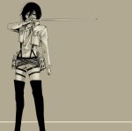  be-on-velvet black_eyes black_hair boots mikasa_ackerman monochrome scarf shingeki_no_kyojin short_hair solo sword weapon 