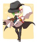  1boy 1girl arin66 blazblue blazblue_phase_0 blonde_hair carrying chibi fedora glasses green_eyes green_hair hat heart hood pantyhose pigeon-toed princess_carry school_uniform trinity_glassfield yuuki_terumi 