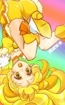  1girl :o bike_shorts blonde_hair bowtie brooch choker cure_peace dress jewelry kise_yayoi long_hair magical_girl pika_pika_pikarin_jankenpon precure rainbow_background ramune_(kyuuuuur) shoes shorts_under_skirt skirt smile_precure! solo upside-down yellow_bike_shorts yellow_dress yellow_eyes 