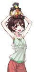  1girl :d armpits arms_up casual matsuryuu object_on_head open_mouth robot robotics;notes senomiya_akiho short_hair simple_background smile solo white_background 