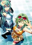  2girls blue_eyes detached_sleeves from_above goggles goggles_on_head green_eyes green_hair gumi hatsune_miku long_hair multiple_girls necktie shiomizu_(swat) skirt smile thigh-highs thighhighs twintails very_long_hair vocaloid wink 