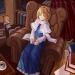  1girl alice_margatroid armchair blonde_hair blue_eyes book bow capelet cup dress hairband highres inkwell jewelry looking_at_viewer quill ribbon ring scarf shanghai_doll short_hair sitting smile solo teacup touhou zszero 