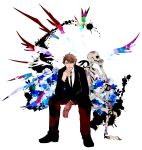  1boy abstract brown_hair flower formal hand_on_chin masaoka_tomomi mechanical_arm necktie psychedelic psycho-pass rose short_hair simple_background skeleton solo splotch suit torimura 
