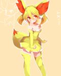  animal_ears bare_shoulders blonde_hair bustier canine choker elbow_gloves female fennec fennekin fingerless_gloves fox gloves hair highres nintendo orange_eyes personification pokemon pokemon_(game) pokemon_xy pokã©mon short_hair slit_pupils smile solo tail takeshima_(nia) thigh-highs thigh_highs thighhighs video_games yellow_legwear 