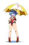  1girl alternate_costume belt blue_eyes blue_hair boots breasts gloves hair_bobbles hair_ornament hand_on_hip highres kawashiro_nitori large_breasts looking_at_viewer meicha_(drill-biyori) one-piece_swimsuit pouch race_queen racequeen short_hair simple_background smile solo swimsuit touhou twintails umbrella visor_cap white_background 