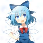  1girl blue_dress blue_eyes blue_hair bow bust cirno do_(4-rt) dress fang hair_bow hand_on_hip highres ice ice_wings looking_at_viewer open_mouth puffy_sleeves shirt short_sleeves simple_background smile solo symbol-shaped_pupils touhou white_background wings ⑨ 