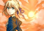  1girl ahoge blonde_hair braid dress fate/stay_night fate_(series) french_braid green_eyes hair_ribbon highres nashoki ribbon saber short_hair smile solo sun 