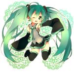  1girl ;d boots detached_sleeves green_eyes green_hair hatsune_miku long_hair necktie open_mouth pink_usagi skirt sleeves_past_wrists smile solo thigh-highs thigh_boots thighhighs twintails very_long_hair vocaloid wink 