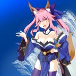  1girl animal_ears bare_shoulders blue_legwear bow breasts caster_(fate/extra) cleavage collar detached_sleeves fate/extra fate_(series) fox_ears fox_tail hair_bow hair_ribbon japanese_clothes lowres obi open_mouth pink_hair ribbon robina smile solo tail thigh-highs thighhighs twintails yellow_eyes 