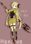  1girl axe bandage bandages boots bow chain chains character_name cropped_jacket green_hair hair_bow hair_ribbon haxorus long_hair merlusa personification pokemon pokemon_(game) pokemon_bw red_eyes ribbon skirt solo thigh-highs thighhighs weapon zettai_ryouiki 