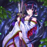  1girl bangs bare_shoulders black_hair blush breasts character_request cleavage collarbone highres holding horns japanese_clothes katana kimono leaf long_hair looking_at_viewer obi payot red_eyes shimano_natsume shingoku_no_valhalla_gate smile solo sword weapon 