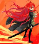  1girl coat katana long_hair looking_back lowres pconcon red_eyes red_hair redhead shakugan_no_shana shana solo sword tegaki weapon 