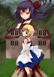  blonde_hair bow dress ellen_(majo_no_ie) forest grass green_eyes house like_nebel majo_no_ie nature path viola_(majo_no_ie) yellow_eyes 