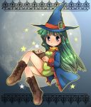  1girl blue_eyes book green_hair hat hiyopuko masou_shizuka moon rance_(series) sengoku_rance witch_hat 