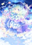  1girl :o blue_eyes blue_hair blue_sky bouquet bow bubble capelet cloud clouds dress flower hair_flower hair_ornament hat hat_removed hat_ribbon headwear_removed kinyla komeiji_koishi long_sleeves petals ribbon rose short_hair sky solo third_eye touhou water 