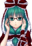  adjusting_glasses bespectacled bust front_ponytail glasses green_eyes green_hair hair_ribbon highres kageharu kagiyama_hina long_hair looking_at_viewer glasses ribbon solo touhou wrist_ribbon 