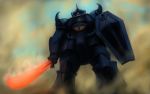  70s 80s dust glowing glowing_eye gouf gundam highres itachu mecha mobile_suit_gundam no_humans oldschool sand science_fiction shield spikes sword weapon zeon 