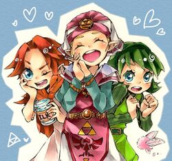  blonde_hair blue_eyes bottle fairy green_hair hairband hat long_hair malon ocarina_of_time orange_hair princess_zelda saria smile the_legend_of_zelda wink 