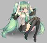  1girl blue_eyes boots detached_sleeves gaeyo green_hair hatsune_miku high_heels long_hair necktie shoes simple_background skirt solo thigh-highs thigh_boots thighhighs twintails very_long_hair vocaloid 