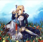  ahoge avalon_(fate/stay_night) blonde_hair boots braid breasts cleavage cleavage_cutout corset dress excalibur fate/stay_night fate_(series) flower_field french_braid green_eyes hair_bun lowres puffy_sleeves rynn_(seibu) saber short_hair silenri sitting solo 