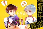  ! 1boy 1girl atsumi_jun ayanami_rei blue_hair brown_hair eva_01 hair_ornament ikari_shinji mallet musical_note neon_genesis_evangelion plugsuit ramiel 