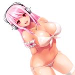  1girl arms_bahind_back arms_behind_back bikini breasts fishnets headphones jewelry large_breasts long_hair looking_at_viewer necklace nitroplus open_mouth pink_eyes pink_hair side-tie_bikini simple_background smile solo super_sonico swimsuit thigh-highs thighhighs viceco03talis white_background white_backround 