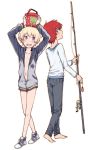  2boys androgynous barefoot blonde_hair blue_eyes blush bottomless bucket fishing_rod haru_(tsuritama) hoodie jacket multiple_boys naked_hoodie naruko_(nalcoro) navel no_socks open_mouth purple_eyes red_hair redhead sanada_yuki shoes short_hair smile sneakers trap tsuritama violet_eyes 