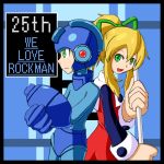  1boy 1girl android anniversary arm_cannon back-to-back blonde_hair broom dress green_eyes helmet kumo_(kumo8159) long_hair ponytail rockman rockman_(character) rockman_(classic) roll smile weapon 